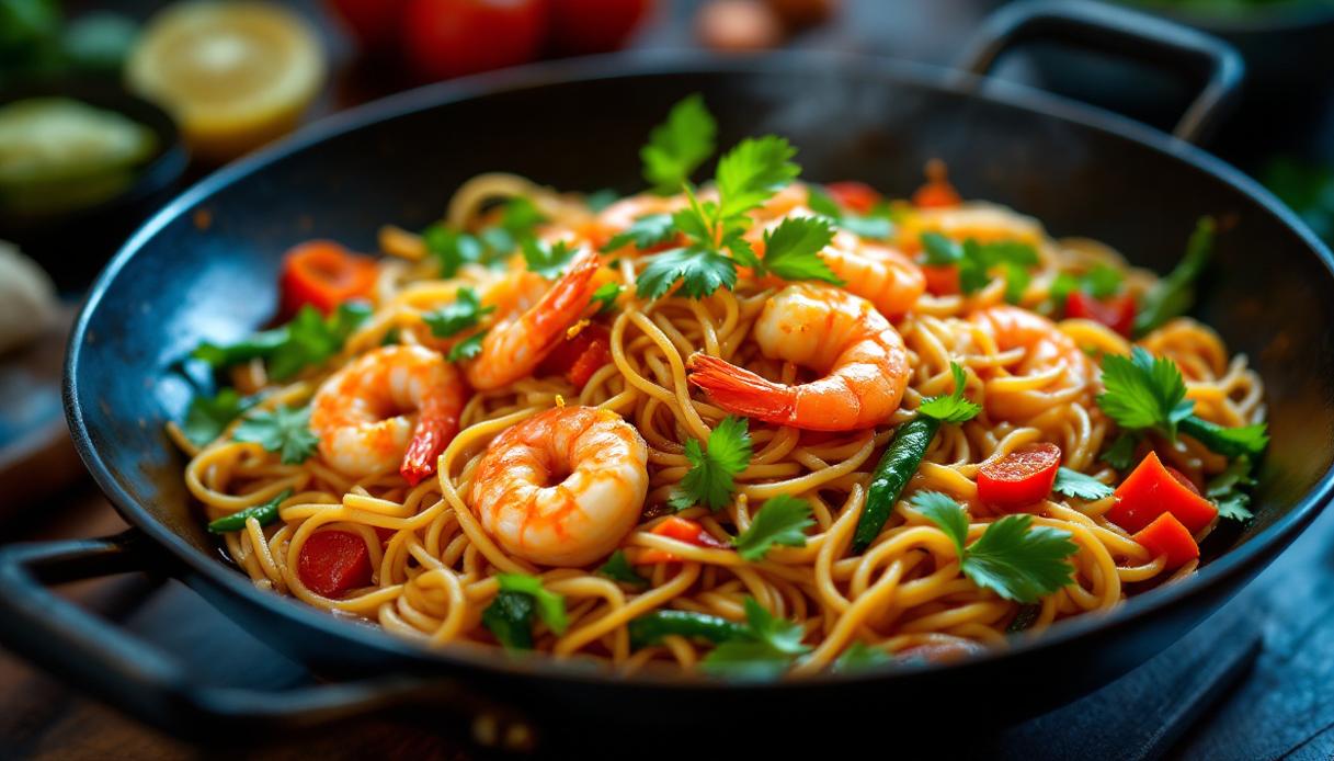 Spaghetti di soia con verdure e gamberetti