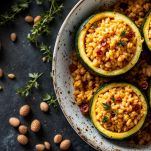 Zucchine farcite con risotto e formaggio.