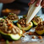 Zucchine tagliate, svuotate e farcite