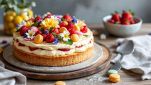 Cream tart decorata con frutta fresca e crema.