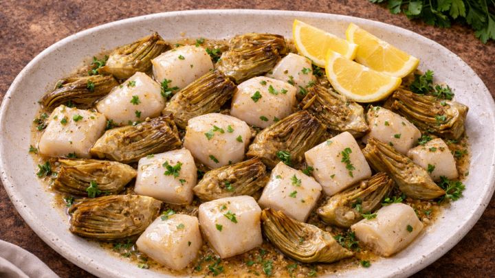 presentazione seppie con carciofi e fette di limone