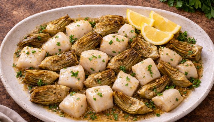 presentazione seppie con carciofi e fette di limone