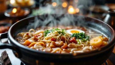 Ciotola di sukiyaki con noodles, verdure e tofu