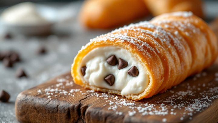 Cannoli ripieni e decorati su piatto da portata.