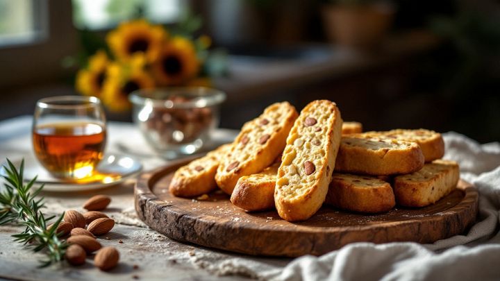 Cantucci dorati serviti su piatto.