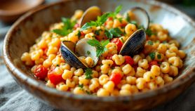 fregola sarda con arselle e pomodori con prezzemolo