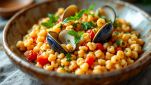 fregola sarda con arselle e pomodori con prezzemolo