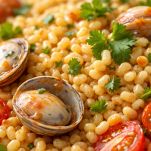 piatto con fregola con arselle e pomodori pronta da gustare