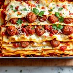 Lasagna stratificata con ragù e ingredienti.