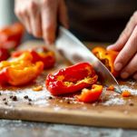 Striscioline di peperoni pronte per essere conservate.