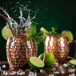 Famous splashing Moscow mule alcoholic cocktail in copper mugs.