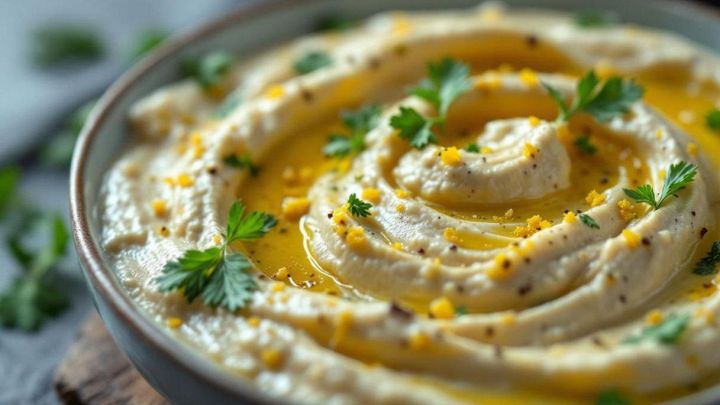 Crema morbida di melanzane guarnita con olio e erbe