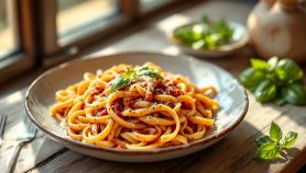 Piatto finale di pici conditi pronto da gustare.