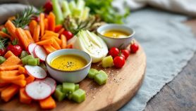 Piatto finale di verdure miste con ciotoline di olio.