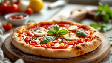 pizza alla marinara appena sfornata con basilico.