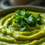 Zuppa pronta per essere servita con crostini di pane.