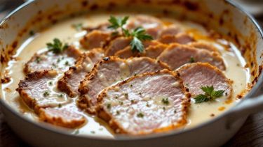 Arrosto al latte affettato con salsa cremosa.