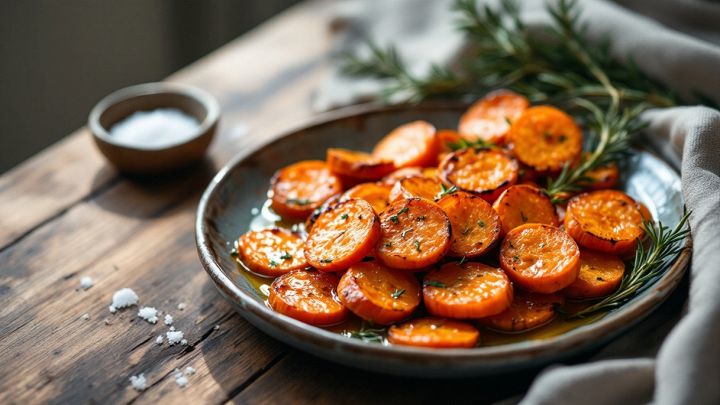 Carote al forno affettate e dorate servite in piatto rustico.