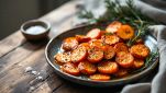 Carote al forno affettate e dorate servite in piatto rustico.