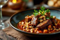 Coda di bue al sugo con sedano, uvetta e pinoli