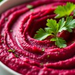 Finitura e impiattamento dell'hummus di barbabietole