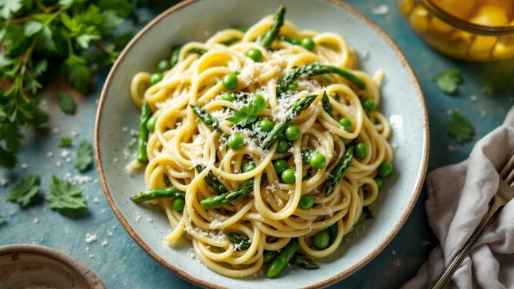 pasta primavera con verdure e parmigiano grattugiato