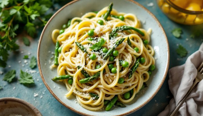 pasta primavera con verdure e parmigiano grattugiato