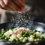 Aggiunta dei piselli nella padella