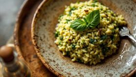 Risotto cremoso verde intenso servito nel piatto
