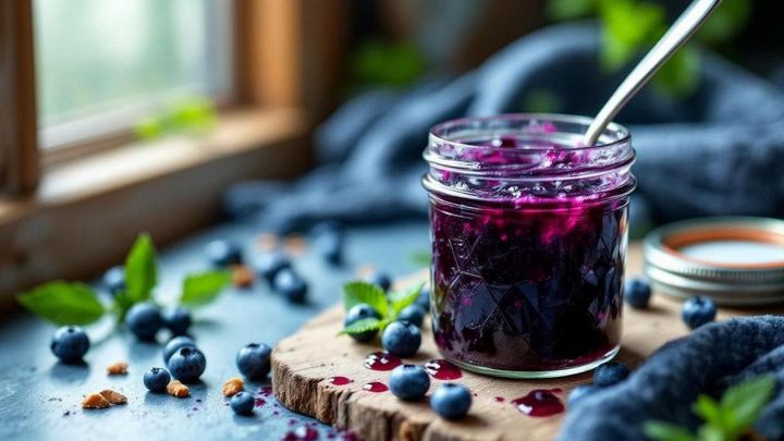 Vasetto di marmellata di mirtilli con frutti freschi accanto