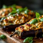 Melanzane a barchetta al forno con salsiccia