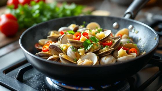 Preparazione delle vongole per la pasta
