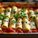 Cannelloni disposti nella teglia con passata di pomodoro.