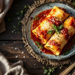 Cannelloni cotti con superficie dorata.