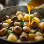 Brodo versato su funghi e patate