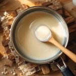 Crema in cottura che vela il cucchiaio