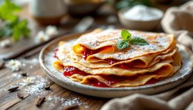 Cr&ecirc;pe vegane servite su piatto con frutta e zucchero a velo.
