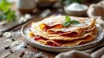 Crêpe vegane servite su piatto con frutta e zucchero a velo.