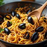 Condimento della pasta con le cozze in bianco