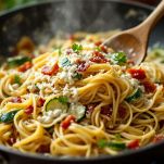 L'unione di linguine, zucchine e pancetta