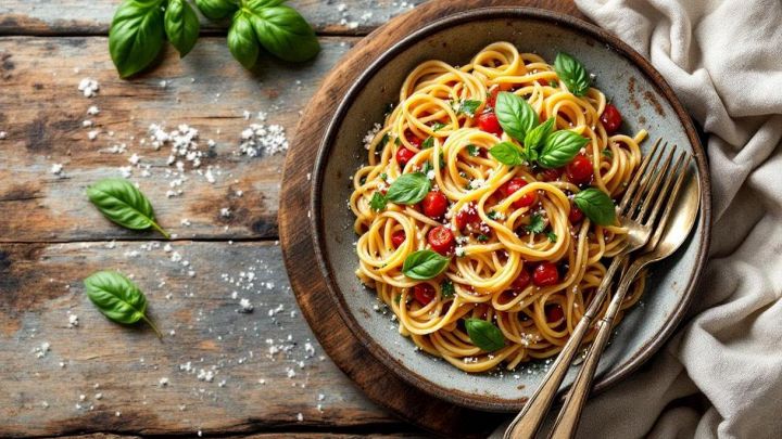 Spaghetti con pomodoro e formaggio fresco