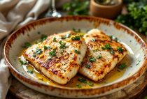 Piatto finale di pesce spada al forno pronto da gustare.