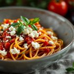 ciotola di spaghetti con salsa di pomodoro e ricotta salata