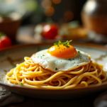 Piatto di spaghetti alla puveriello pronto da gustare.