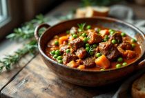 Spezzatino di vitello con piselli servito caldo nel piatto.