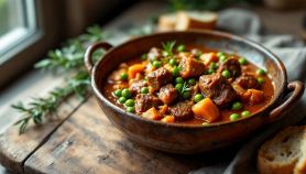 Spezzatino di vitello con piselli servito caldo nel piatto.