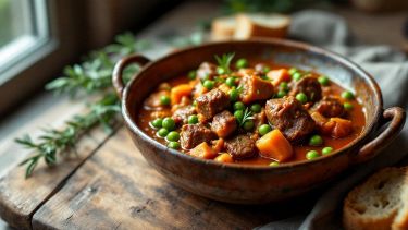 Spezzatino di vitello con piselli servito caldo nel piatto.