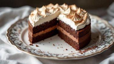 Torta meringata al cioccolato a strati con crema e meringhe