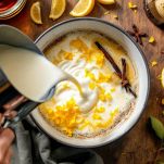 Latte caldo nel composto di burro, zucchero e farina