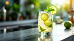 Cocktail pronto servito in bicchiere basso con lime.